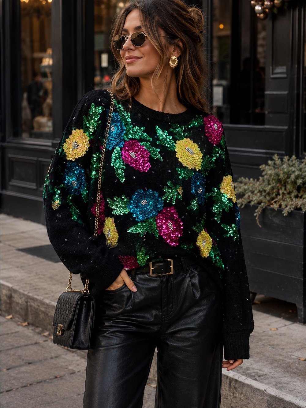 Vintage Michelle Yim Sequin Floral Sweater Golden Girls Glam Lambswool Angora Lg